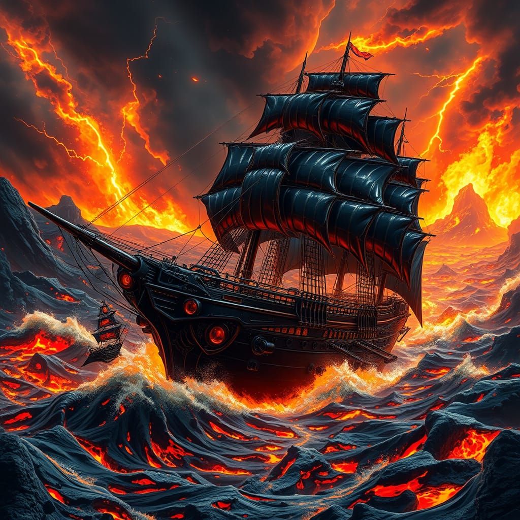 Obsidian Pirate Battleship Sails Unburned on Lava Sea