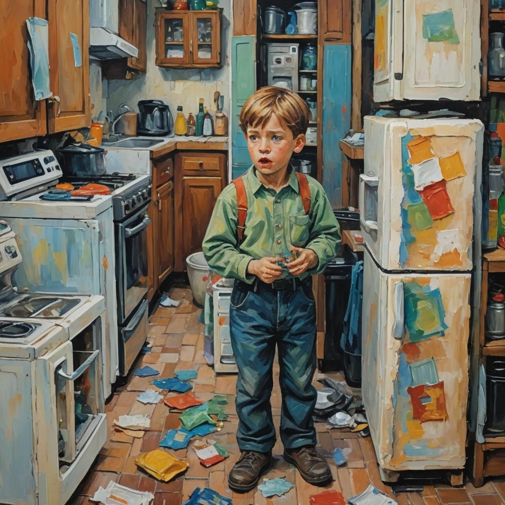 Boy Conversing with Appliances in Expressionist Style