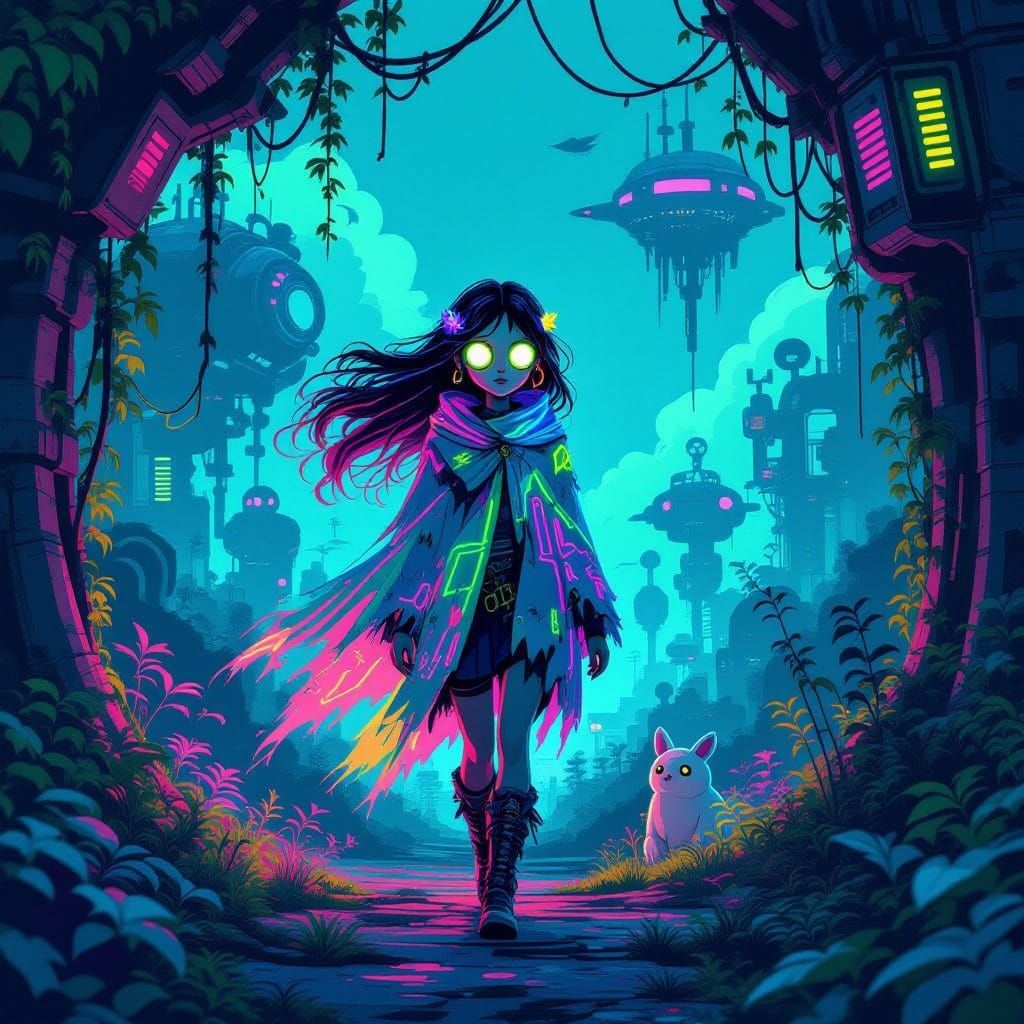 Mysterious Woman Embarks on Enchanting Quest in Neon Retro W...