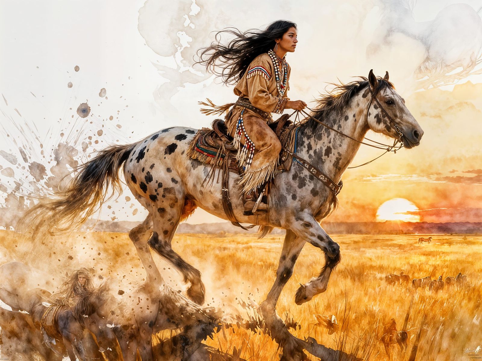 Native American Rider on Appaloosa Horse at Sunset