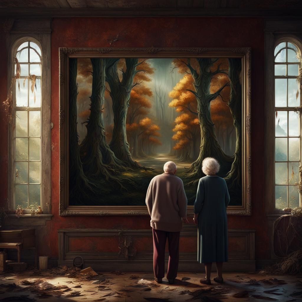 Old Couple Admiring Velvet Painting, Detailed Matte Art