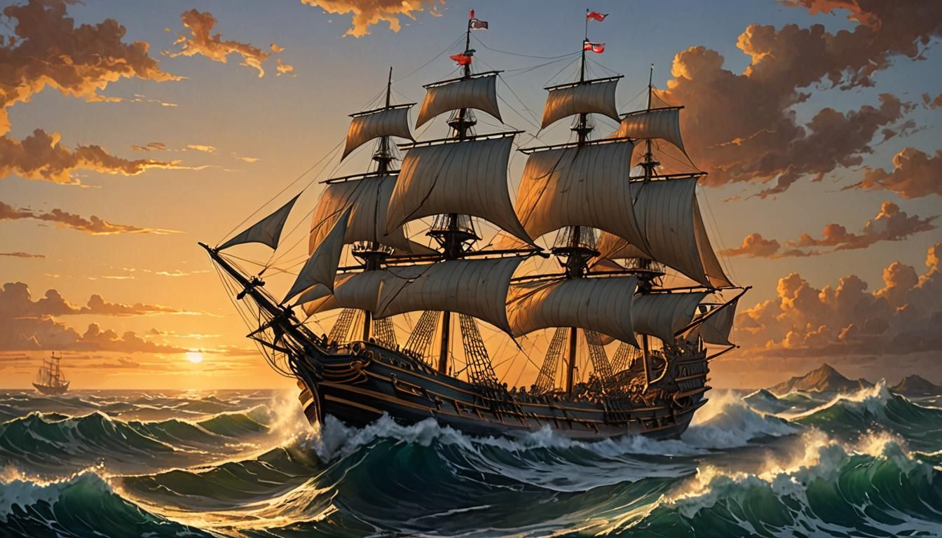 Galleon in Peril: Sunset Battle with Towering Waves