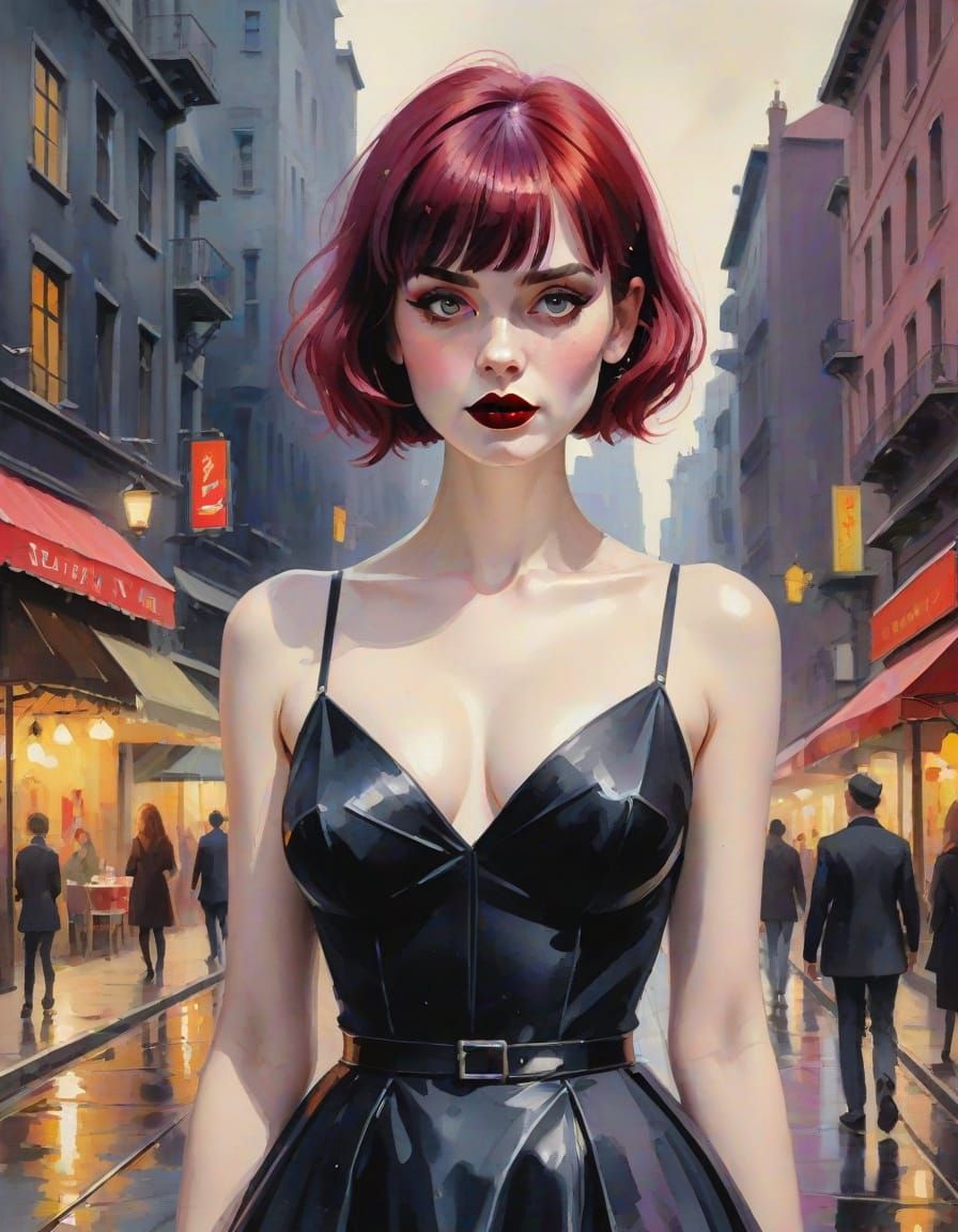 Ethereal Gothic Goddess in Red and Black Cityscape