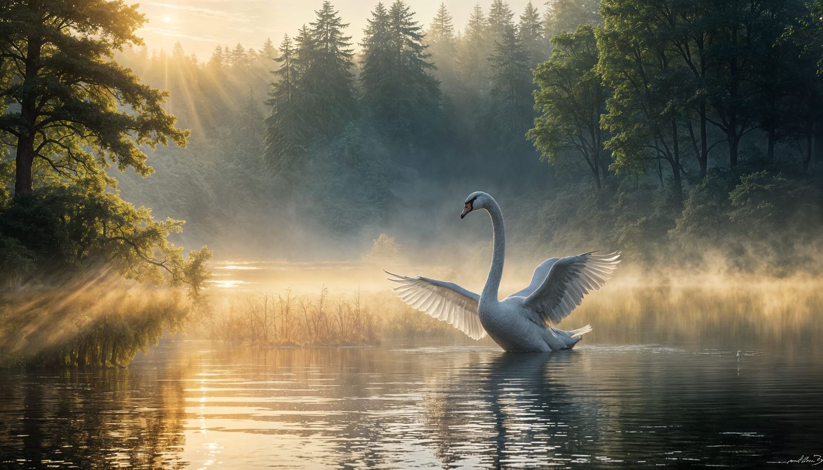 Tranquil Lake at Sunset with Swan: Ethereal Ambiance