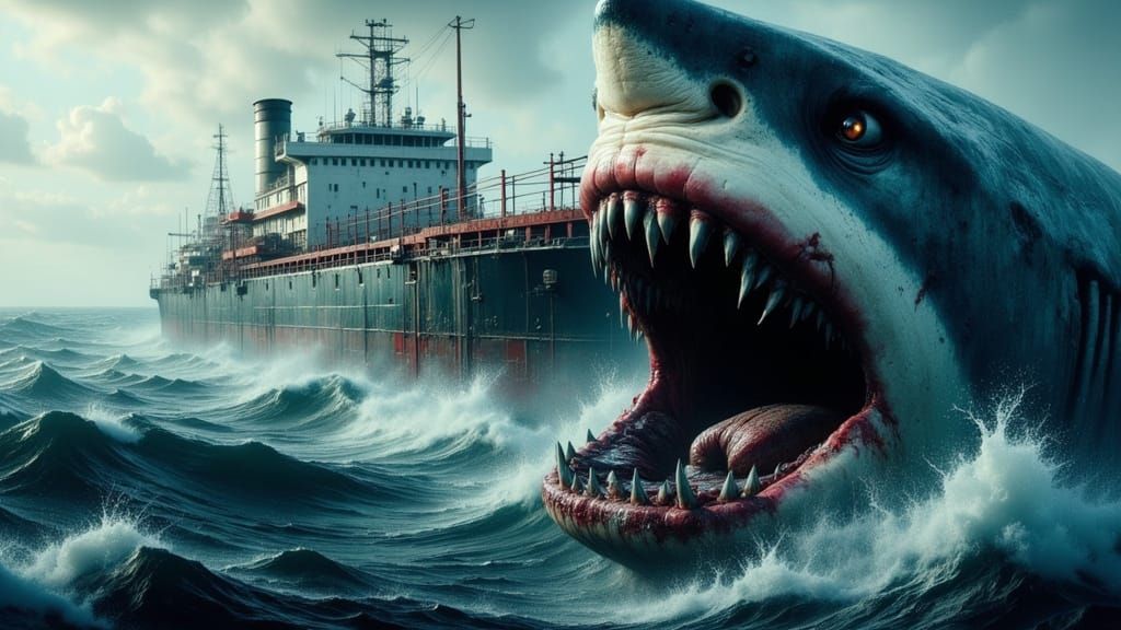 Submerged Oil Tanker Surrounded by Shark, in Photorealistic ...