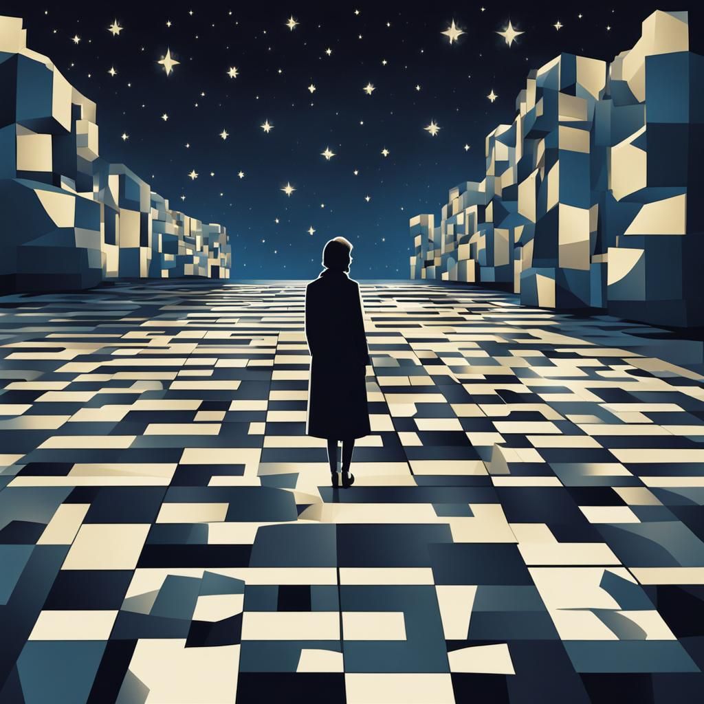 Chess Floor Stargazing: A Cubist Minimalist Scene