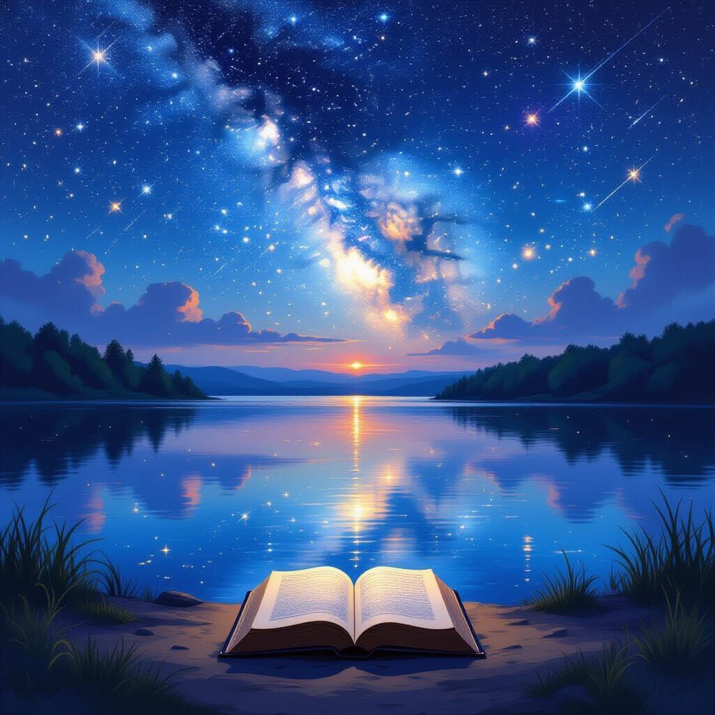 Starry Lake Reflecting Galaxy as Impressionist Painting