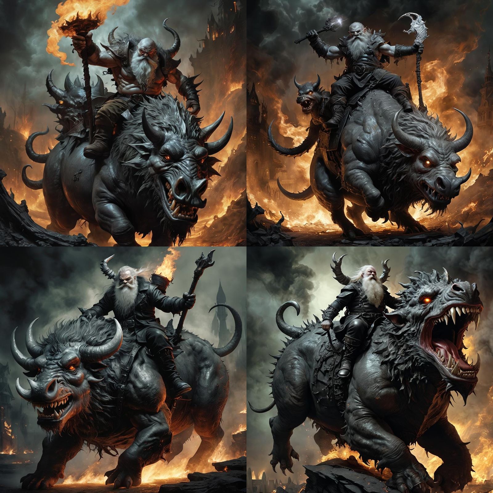 Intoxicated dwarf rage riding a flamming  enormous demon hog. monochromatic iridescent gothic art, silver nitrate photo ...