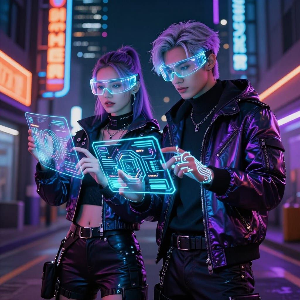 Cyberpunk Hacker Couple in Neon Mega-City Concept Art