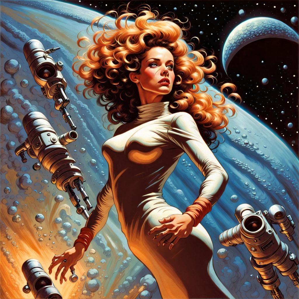 Heroic Woman with Flowing Hair in Space Art