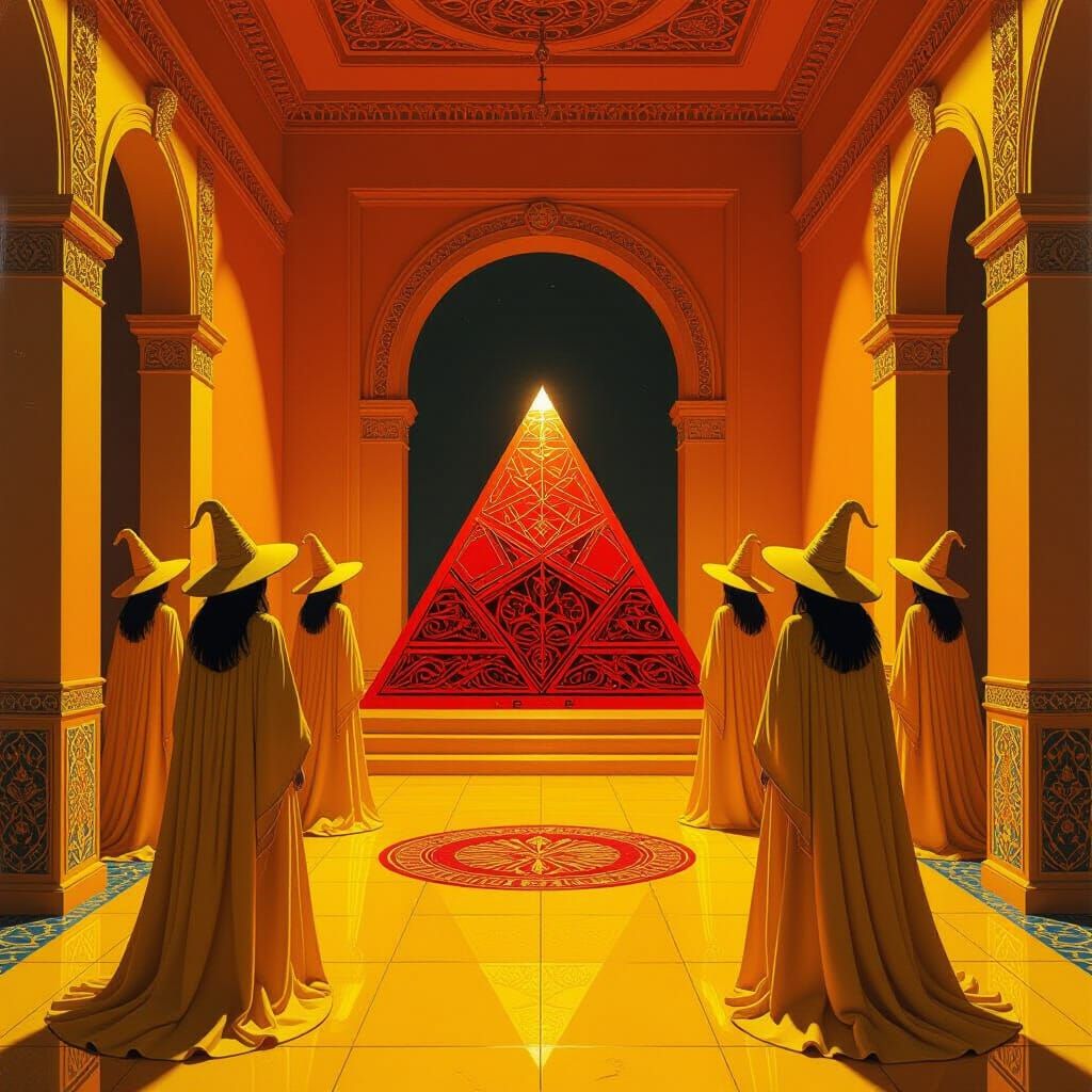 Witches in Art Deco Antechamber, Vintage Illustration