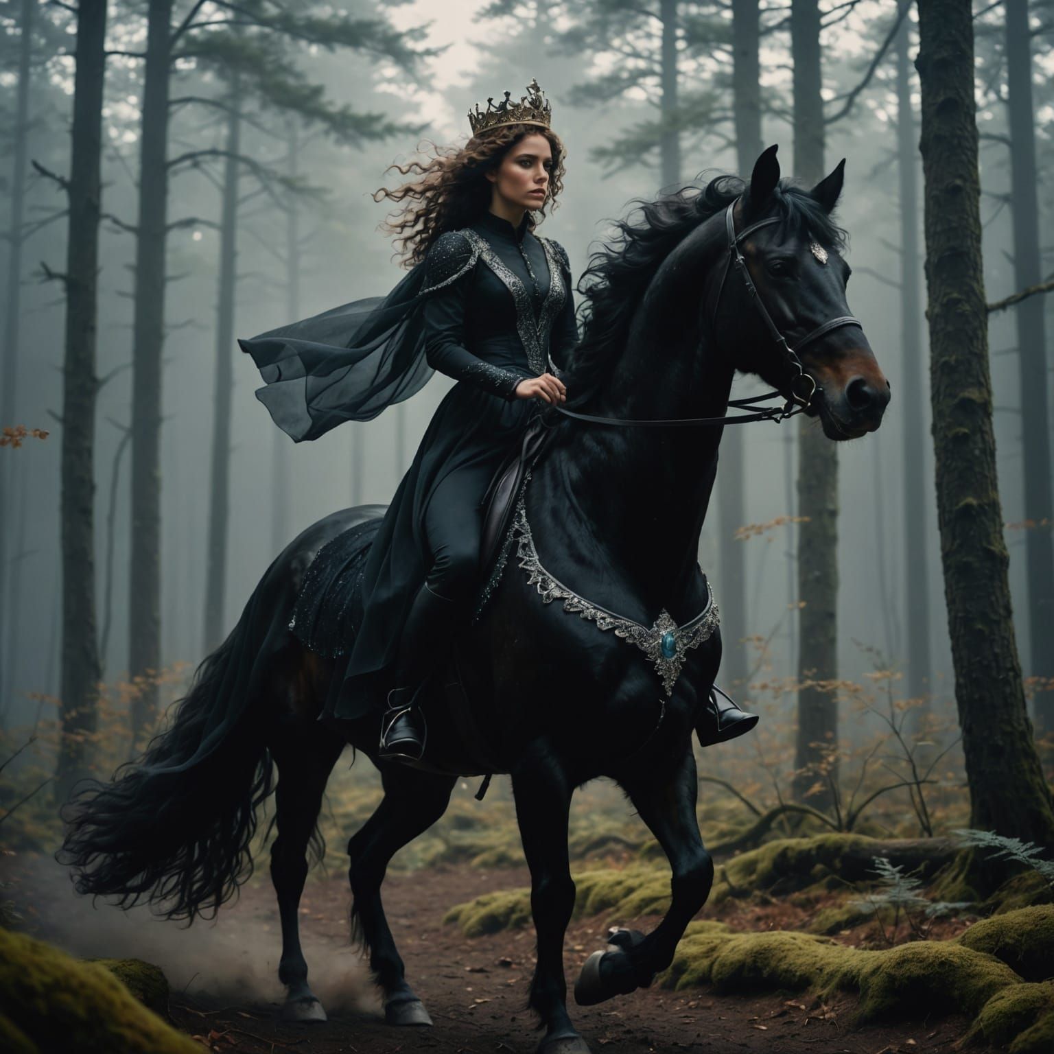 A Dazzling Brunette Aristocrat Rides a Glowing Stallion Thro...