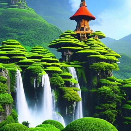 16k resolution, whimsical scene of an ancient stone windmill atop a floating island, drawing inspiration from Studio Ghi...