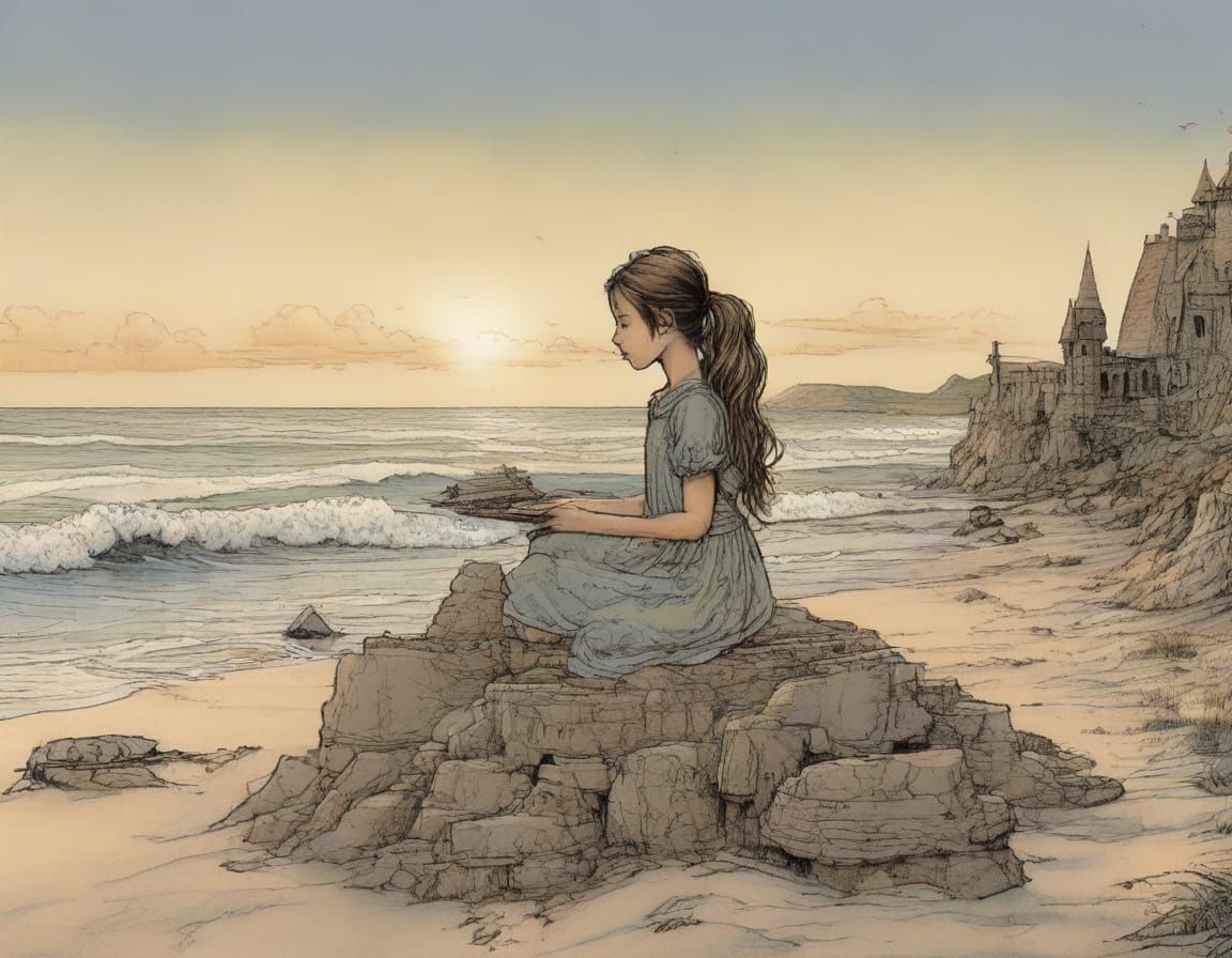 Young Girl's Intricate Beach Masterpiece in Whimsical Art St...