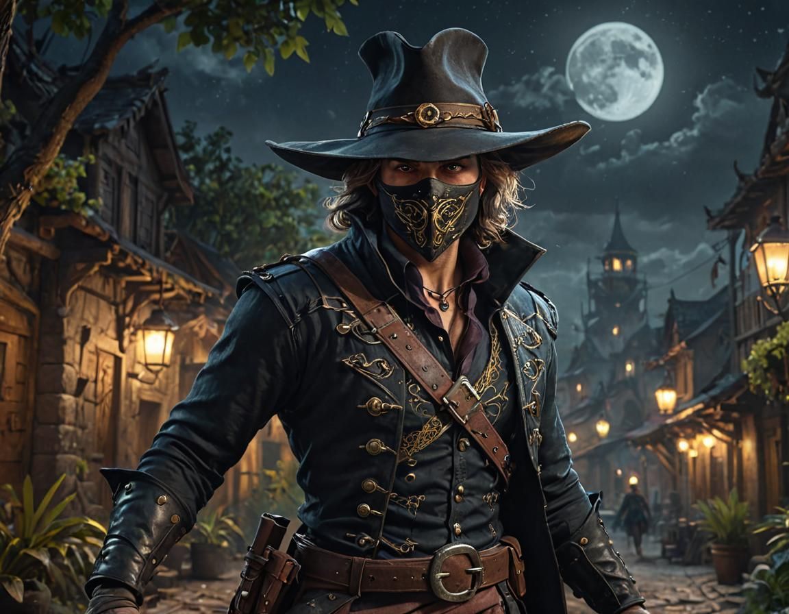 Masked Swashbuckler in a Fantastical Landscape