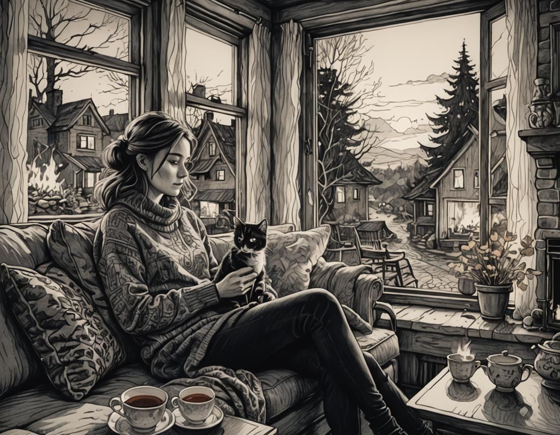 Cozy Autumn Evening with Cat, Ballpoint Pen Art
