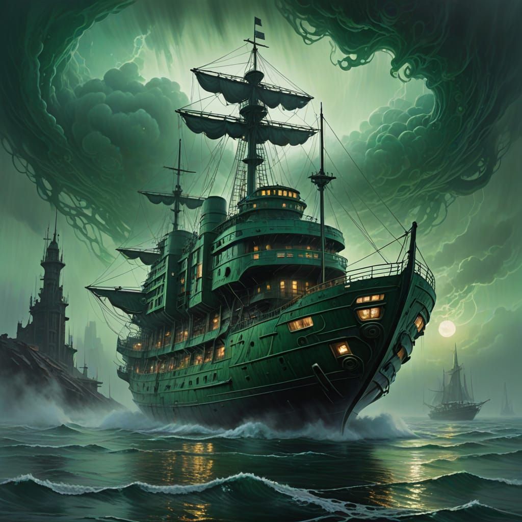 Cyberpunk Biomechanical Ship Adrift in Turbulent Waves