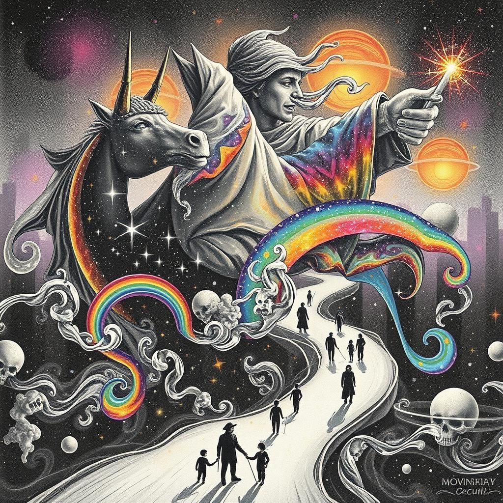 Imagine a spectral apparition embodying the concept of 
a female  Sagittarius the centaur, half man, half horse built of...