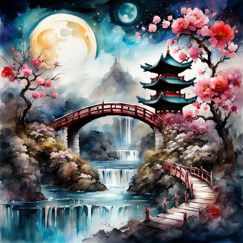 Surreal Chinese Landscape with Waterfall in Watercolor Art