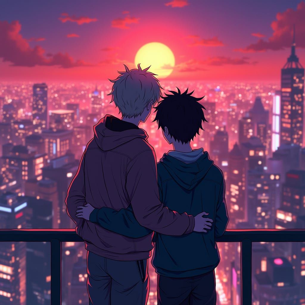 Vibrant Sunset Embrace in Neon Anime Style