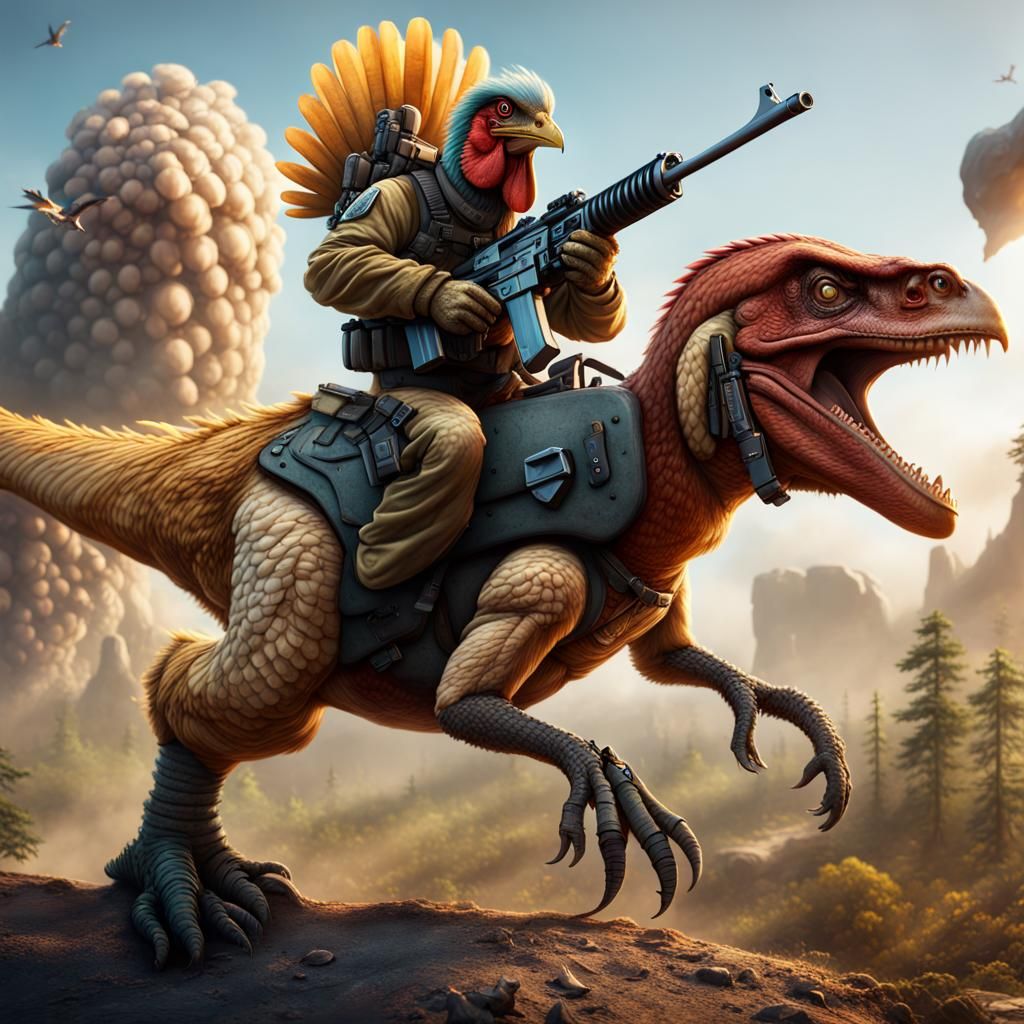 Chicken Rides Dinosaur and Fires Machine Gun