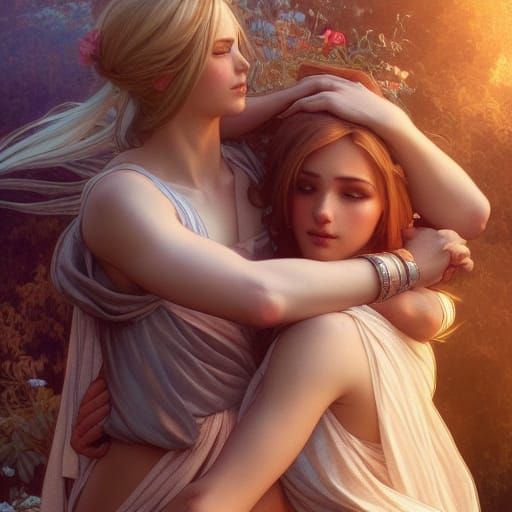 Greek Goddess Hugs Girl: Art Nouveau Concept Art