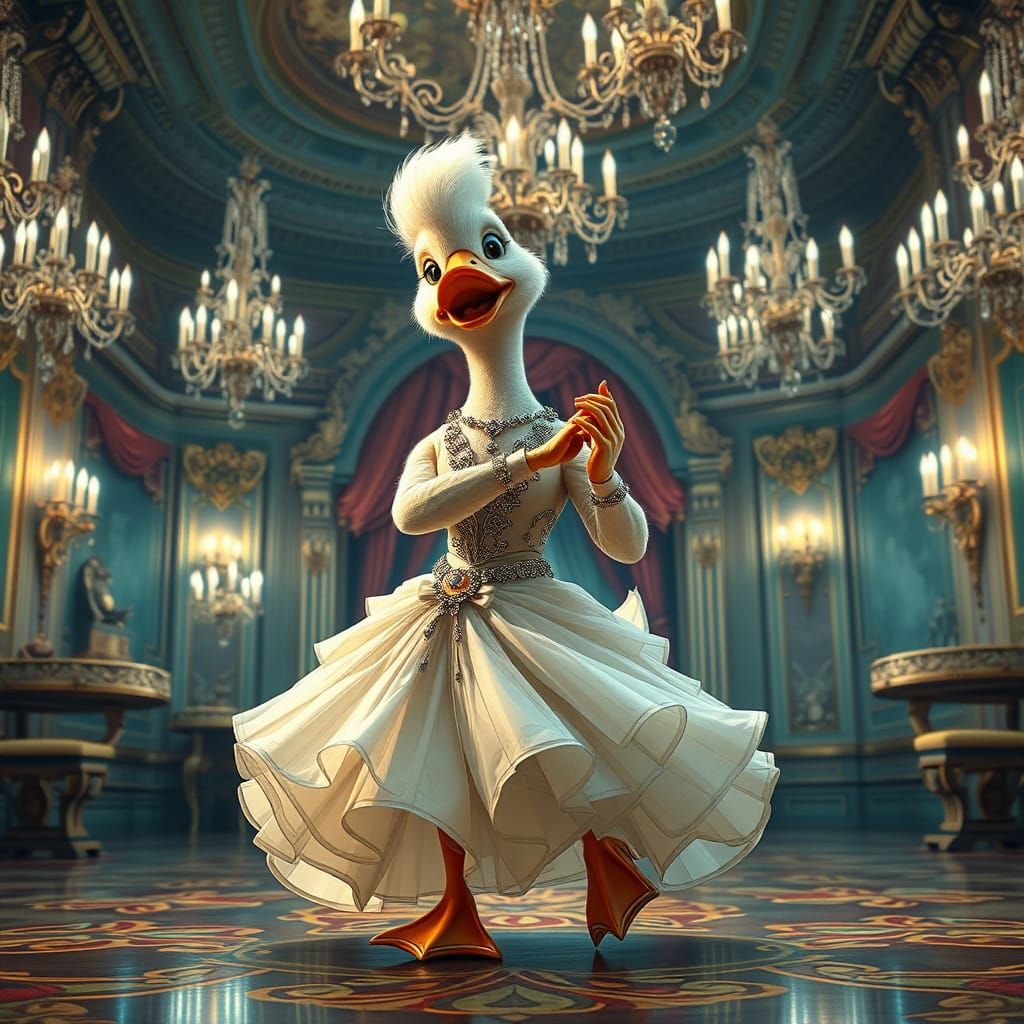 Duckling Dances Tango in Grand Ballroom, Elegant Art