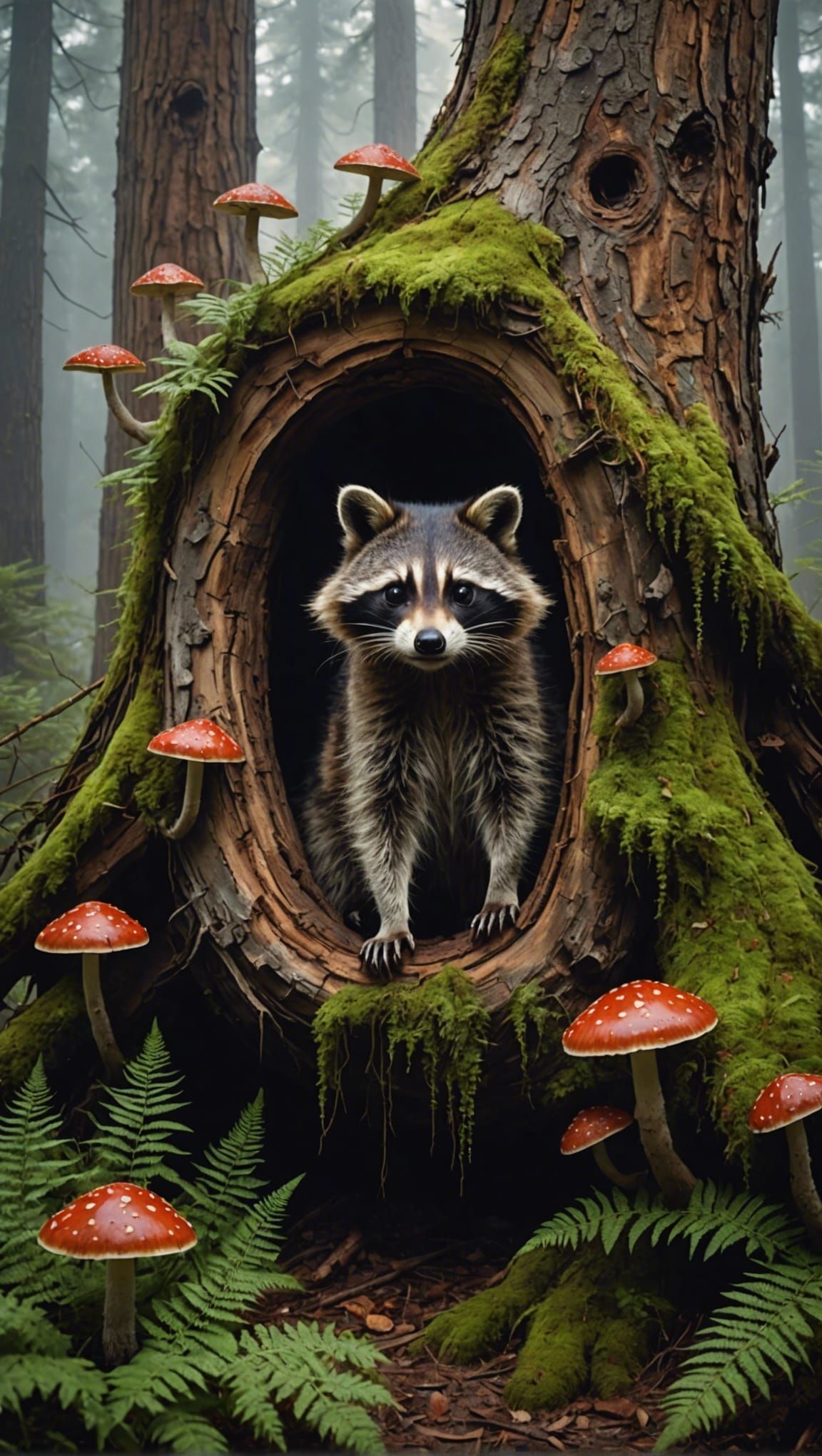 Raccoon in Foggy Forest with Mushrooms, Digital Painting