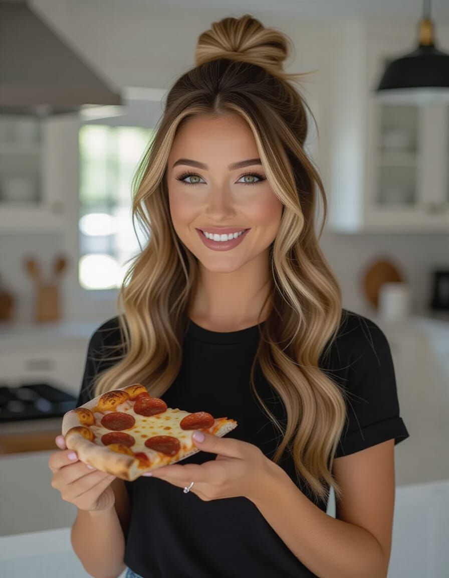 Woman with Pizza in Modern Kitchen: Cinematic Photography