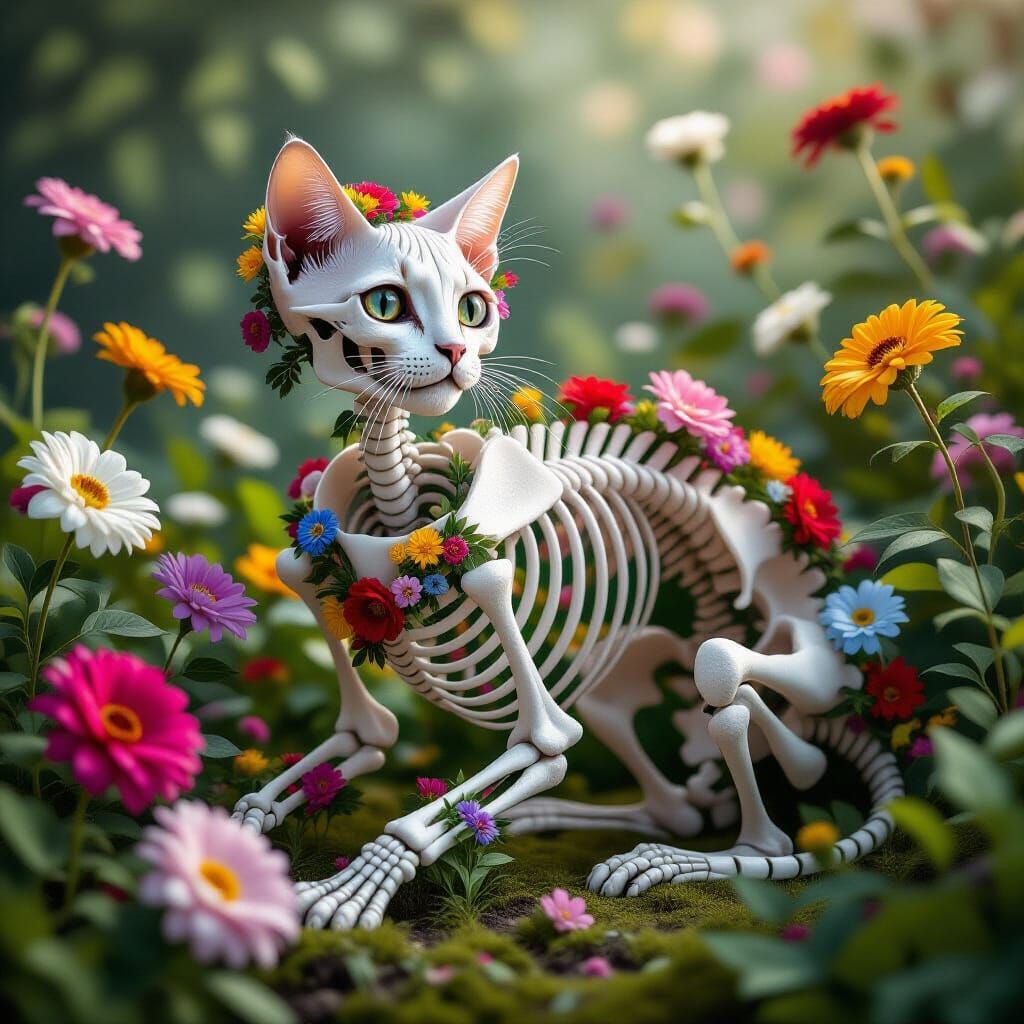 Cat Skeleton Adorned with Flowers