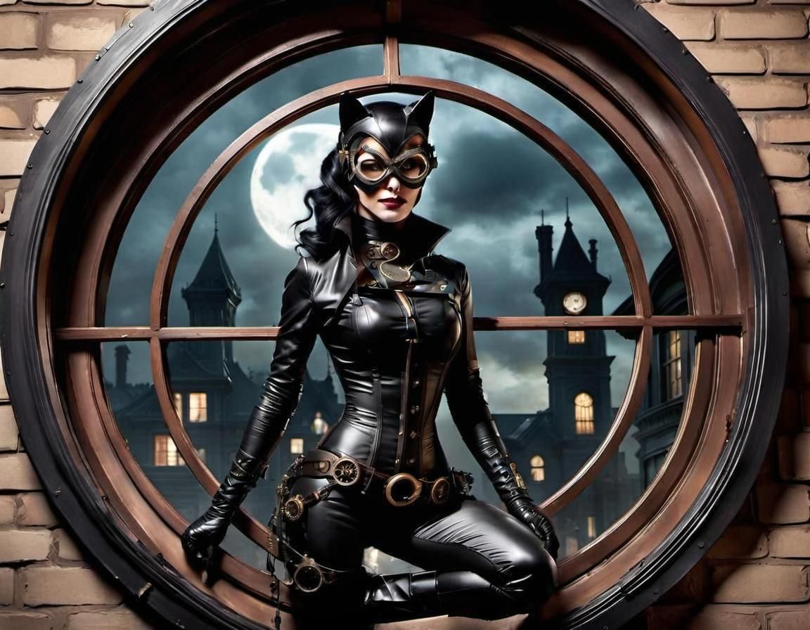 Steampunk Catwoman in Gotham City at Midnight