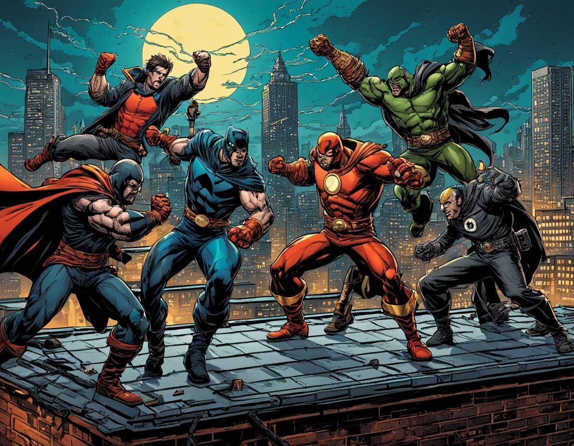 Heroes Battle Villain on Rooftop in Comic Art Style