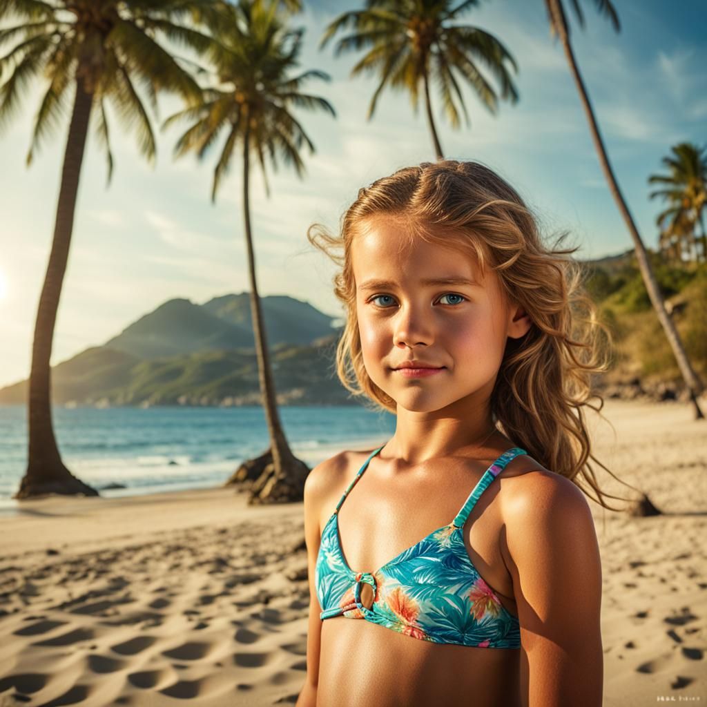 Young Woman in a Bikini on a Sunny Beach with Palm Trees