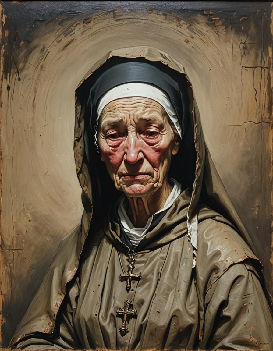 Crying Nun in Rembrandt Style Oil Painting
