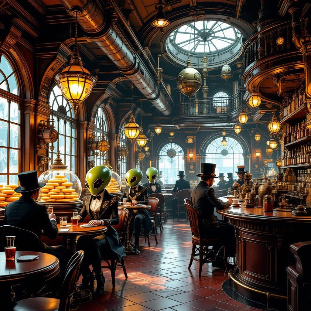 Steampunk Cafe with Alien Merchants and Sentient Donuts