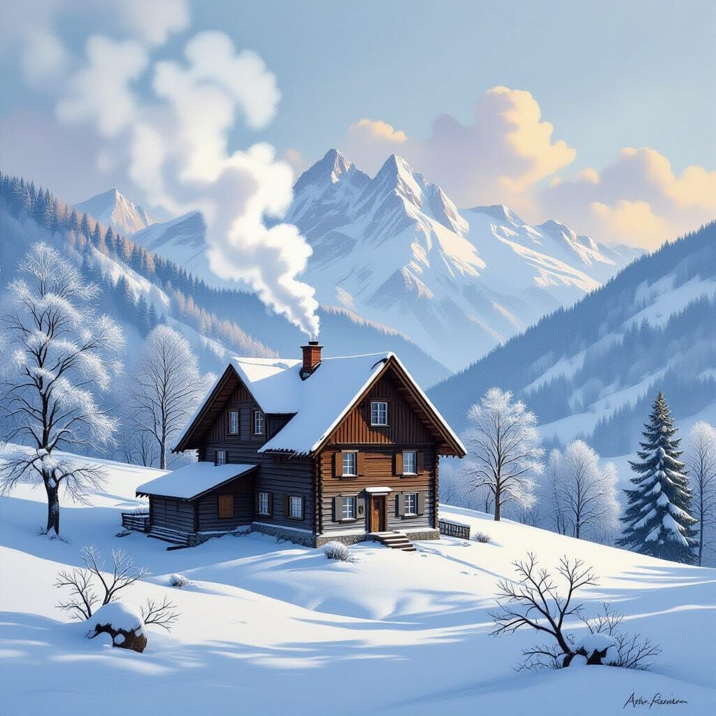 Old House on Snowy Hill in Romantic Style