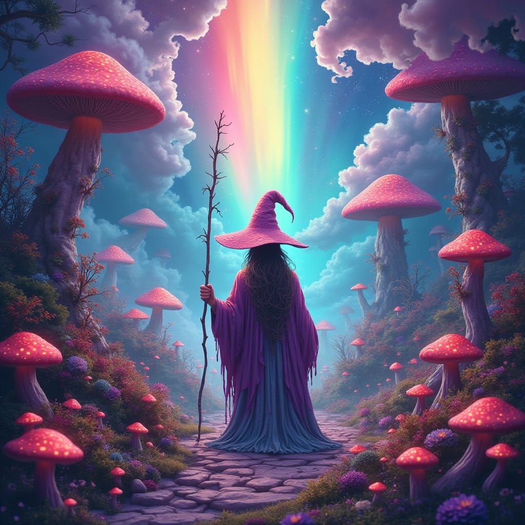 Whimsical Wizard in a Dreamlike Hippy Paradise