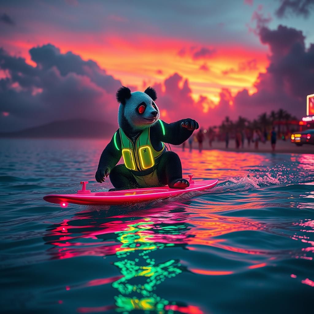 Cyberpunk Pandas Surf Neon Hawaiian Waves