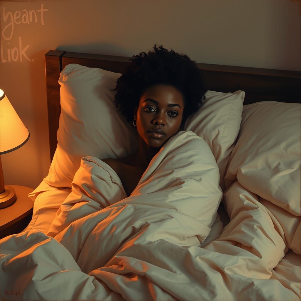 A Cozy Woman in Bed, Surrounded by Warmth and Mystery