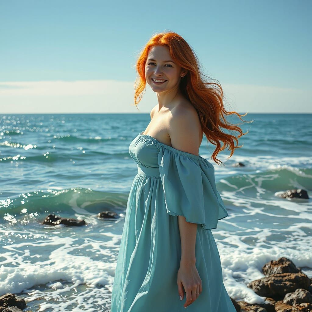 Red-Haired Woman at Ocean's Edge as Digital Art