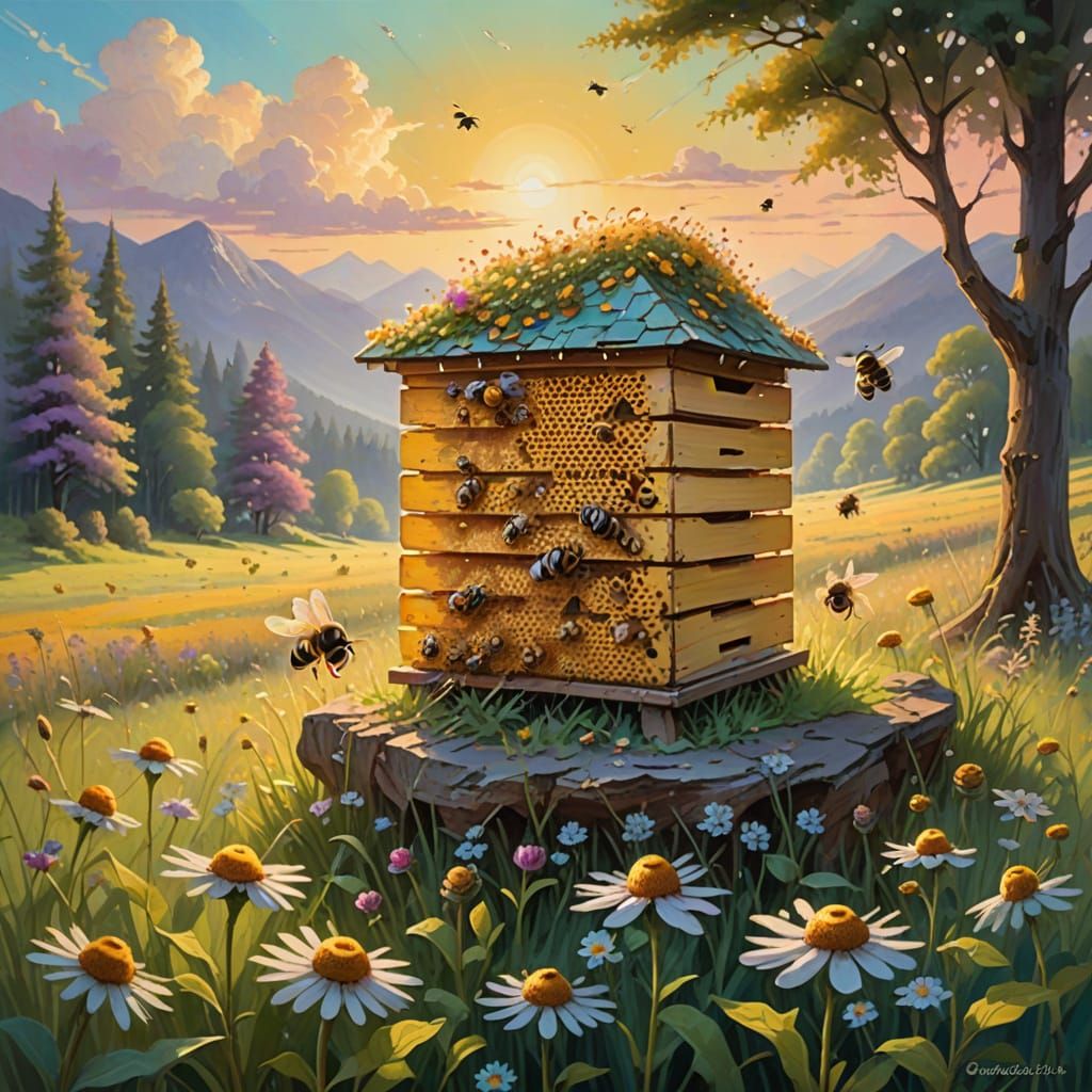 Whimsical Oil Painting of Bees in a Lush Meadow