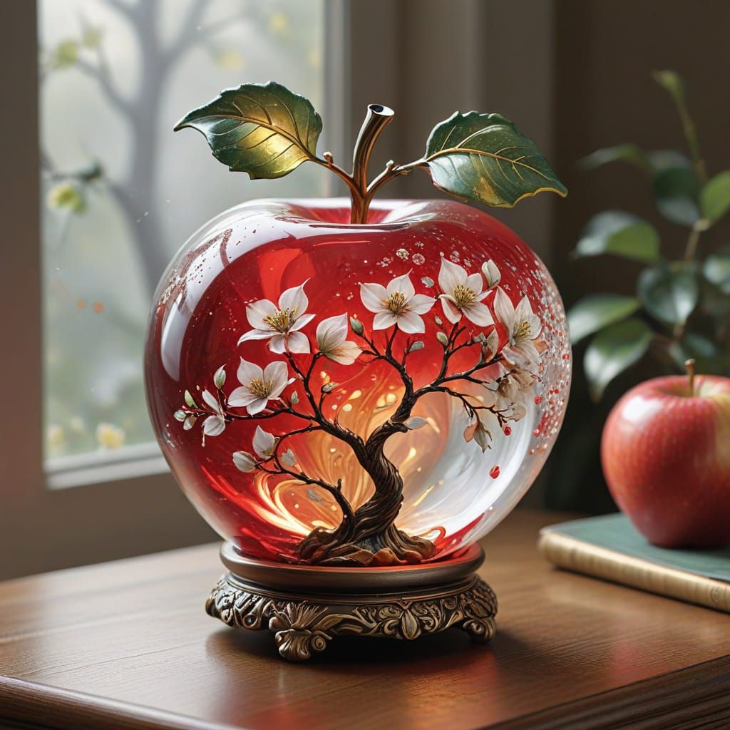 Crystal Apple with Golden Swirls and Blossoms