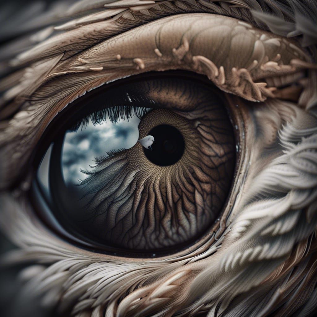 Eye Reflecting Dove in Flight: Hyperrealistic Close-Up