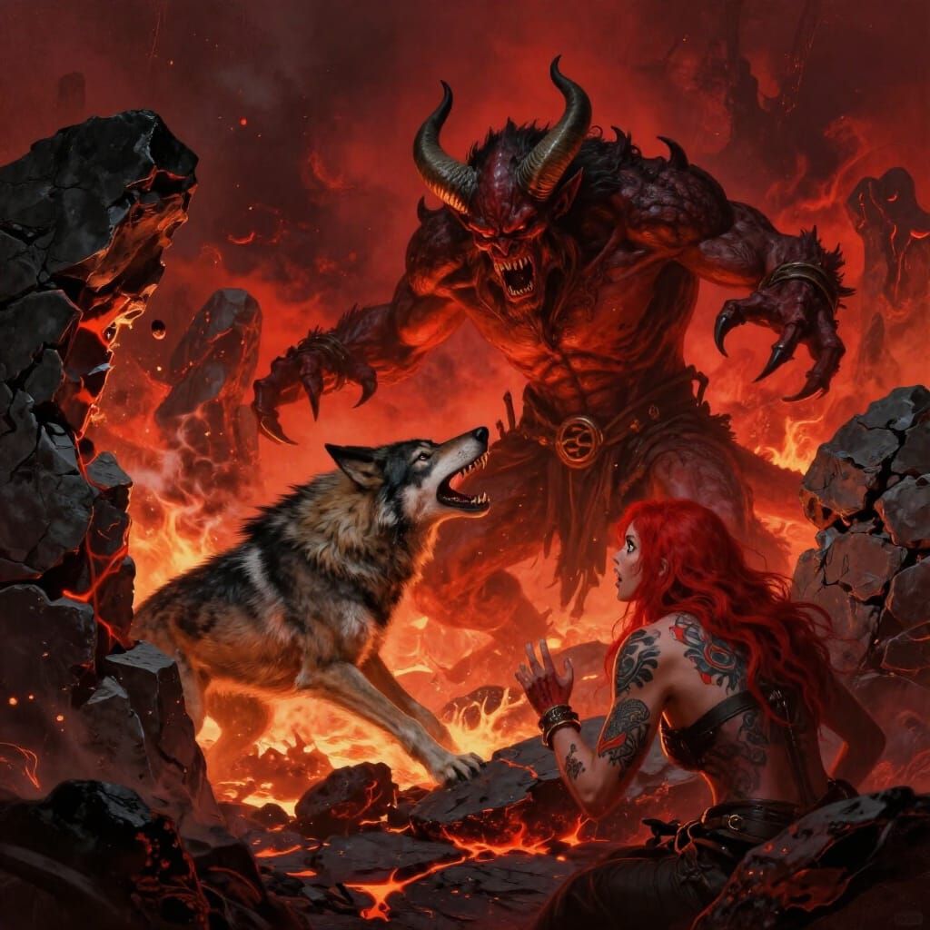 Demon vs Lycan Wolf in Volcanic Wasteland