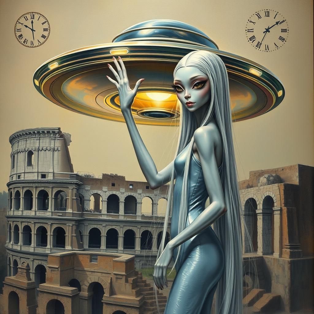 Alien Girl Lands at Colosseum: Surrealist Oil Painting