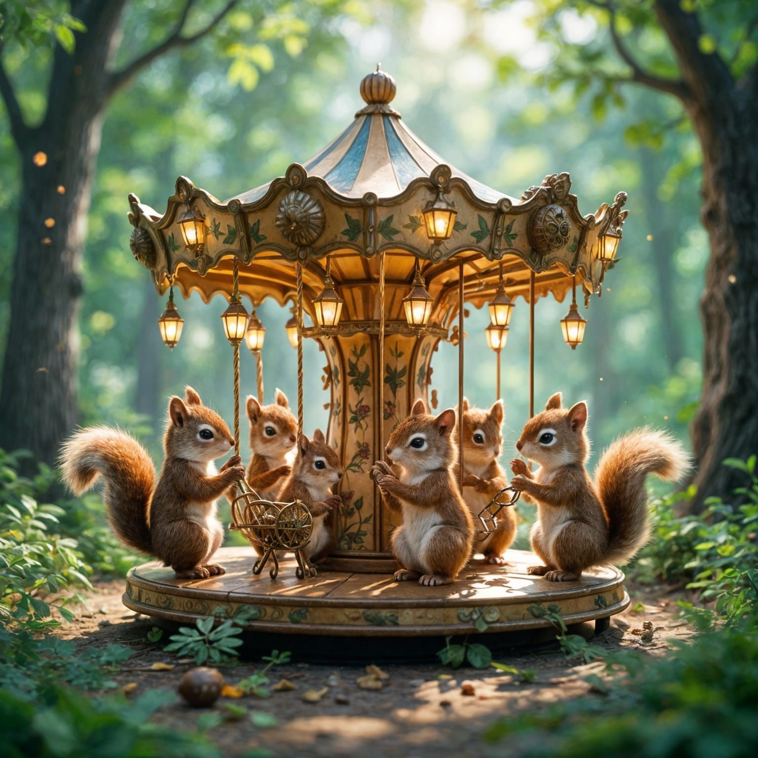 Whimsical Squirrels on Acorn Carousel in Forest