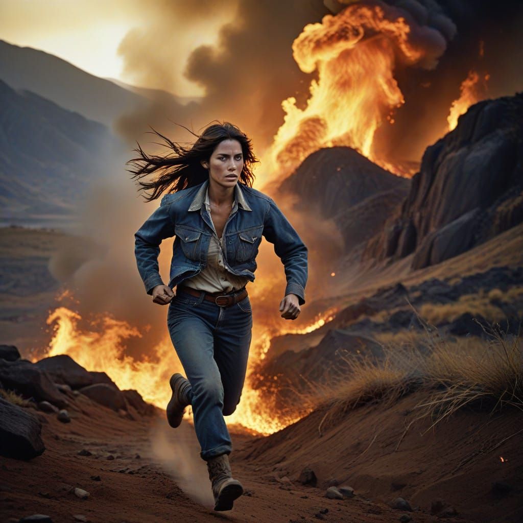 Determined Woman Escapes Wildfires in Golden Hour