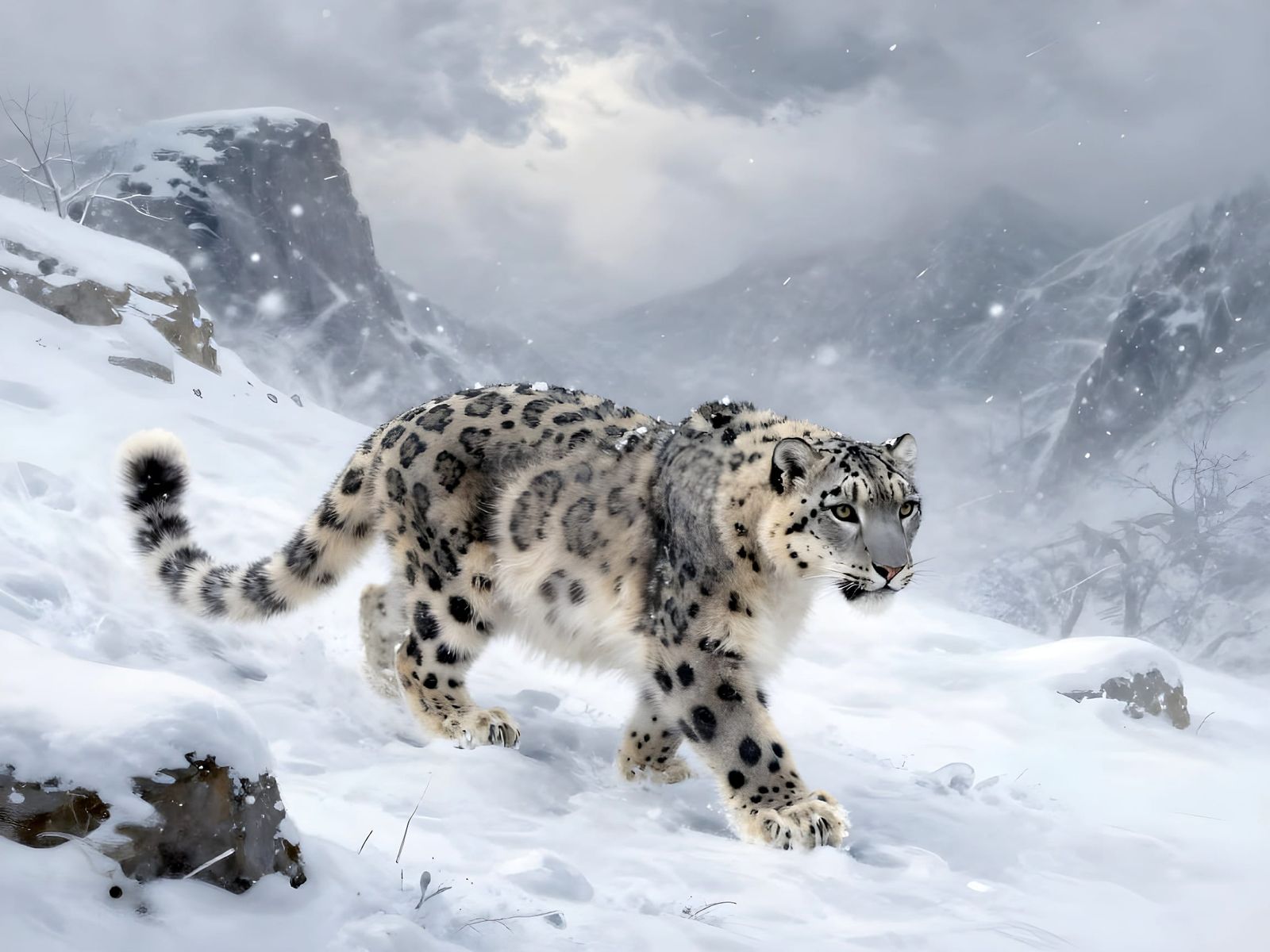 Snow Leopard in Blizzard: Hyperdetailed Wildlife Art