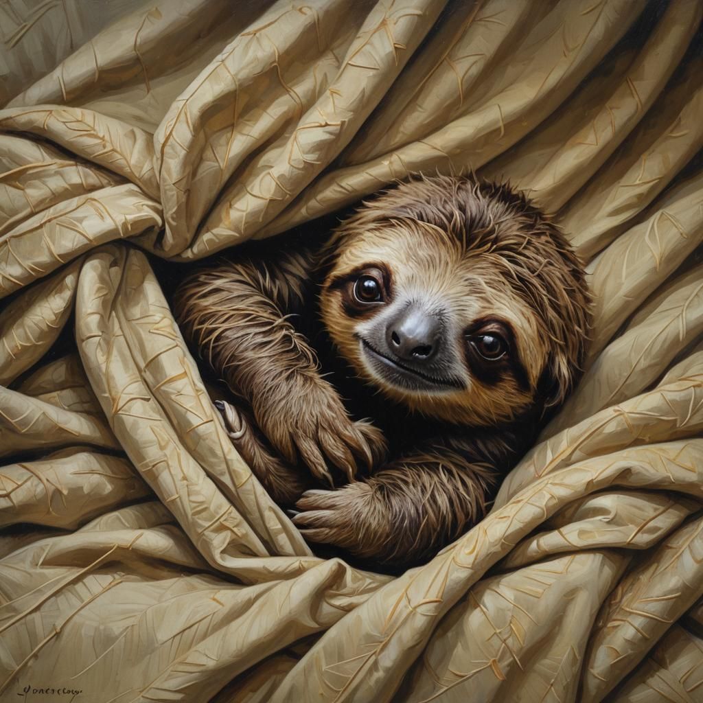 Cozy Sloth in Bed, Oil Painting Style