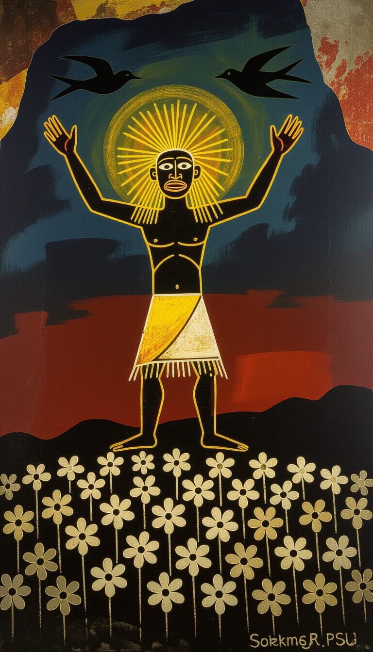 Prehistoric Cave Painting of Shamanic Figure in Ochre and Ch...